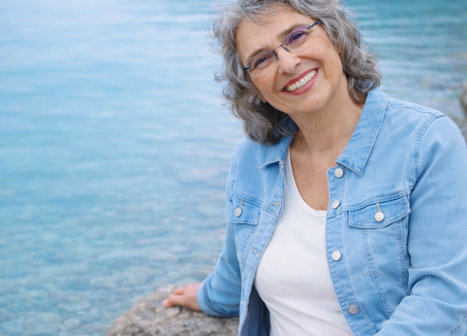 Heilerin für mediale Heilung sitzt am ruhigen Seeufer – Praxis für mediale Heilung